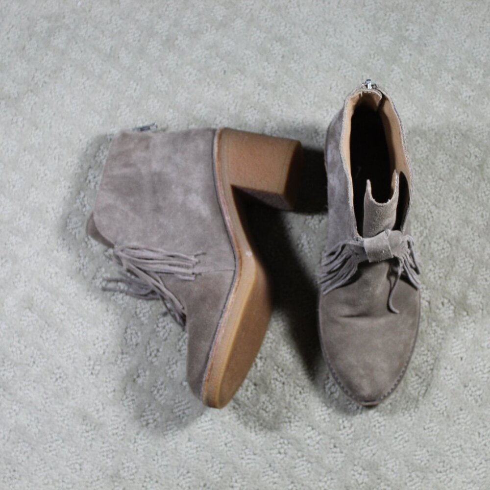 UGG Wm Sz 6 Taupe Suede Back Zip 3" Block Heel 1018642 Tassel Corin Ankle Boots